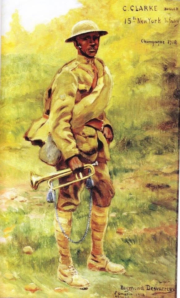 Painted illustration of a soldier in a steel helmet holding a bugle, standing in a grassy field.
