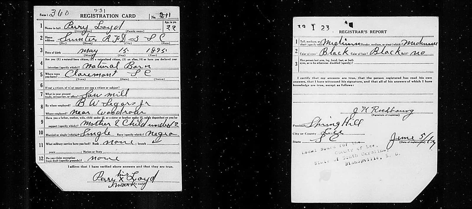 Scan of a two-sided World War I draft registration card on a black background. The left side is the registration card, filled in by hand, with its lower-left corner cut off at an angle. The right side is the registrar's report, with a registrar's signature, the date June 5, 1917, and a faint local board stamp.