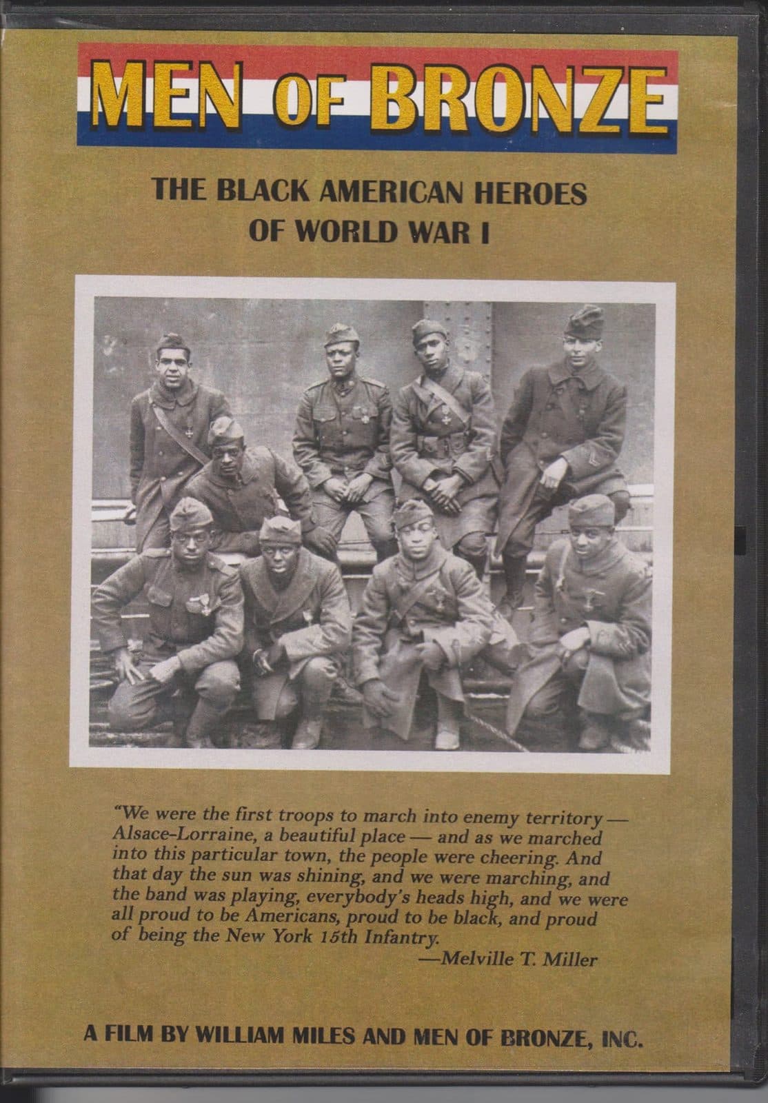 DVD case cover for the documentary film "Men of Bronze," with a World War I-era group photograph and a printed quote.