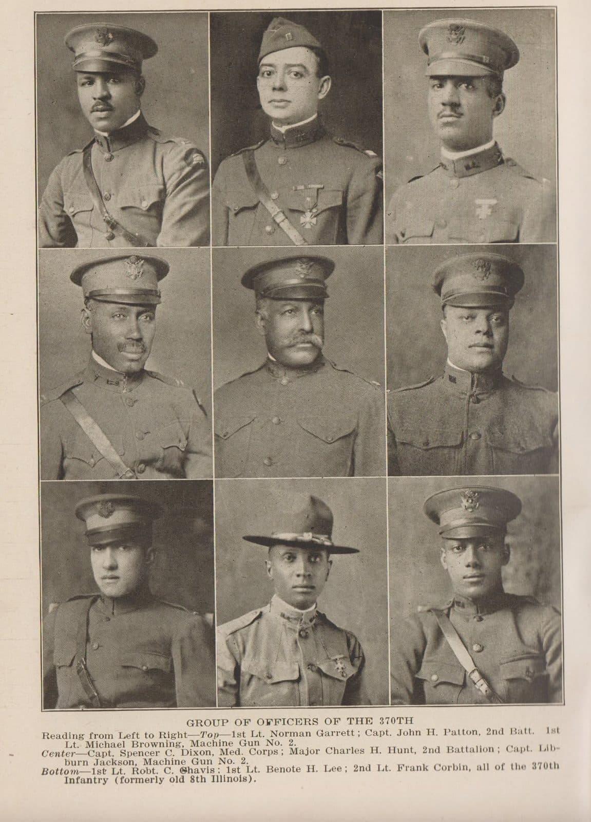 Scanned publication page with nine individual portrait photographs of soldiers in a 3x3 grid, captioned "Group of Officers of the 370th."